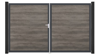 planeo Gardence Simply Guard - PVC-Tor - DIN Links 2-flügelig Monument Oak mit Anthrazit-Alurahmen | DB703 300 x 180 cm