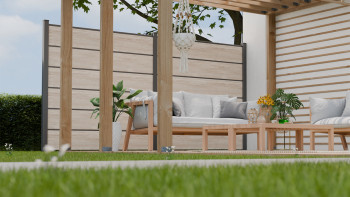 planeo Gardence Simply Premium - PVC-Steckzaun Sheffield Oak light mit Lisenen in Anthrazit 180 x 180 cm