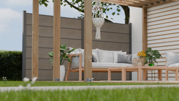 planeo Gardence Simply Premium - PVC-Steckzaun Monument Oak mit Lisenen in Anthrazit 180 x 180 cm