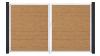 planeo Gardence Simply Small - PVC-Tor - DIN Rechts 2-flügelig Asteiche Natur mit Silber-Alurahmen | EV1 300 x 180 cm