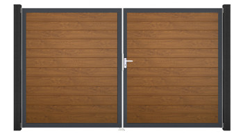 planeo Gardence Simply Small - PVC-Tor - DIN Rechts 2-flügelig Golden Oak mit Anthrazit-Alurahmen | DB703 300 x 180 cm