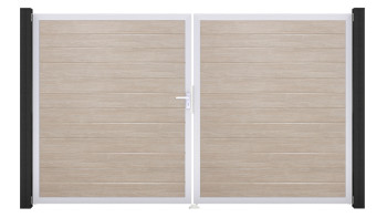 planeo Gardence Simply Small - PVC-Tor - DIN Links 2-flügelig Sheffield Oak mit Silber-Alurahmen | EV1 300 x 180 cm