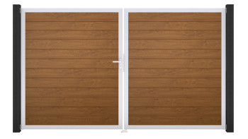 planeo Gardence Simply Small - PVC-Tor - DIN Links 2-flügelig Golden Oak mit Silber-Alurahmen | EV1 300 x 180 cm