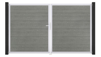 planeo Gardence Simply Small - PVC-Tor - DIN Links 2-flügelig Grey Ash Cut mit Silber-Alurahmen | EV1 300 x 180 cm