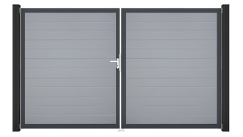planeo Gardence Simply Small - PVC-Tor - DIN Links 2-flügelig Silbergrau mit Anthrazit-Alurahmen | DB703 300 x 180 cm