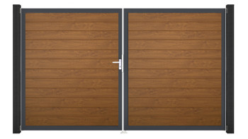planeo Gardence Simply Small - PVC-Tor - DIN Links 2-flügelig Golden Oak mit Anthrazit-Alurahmen | DB703 300 x 180 cm