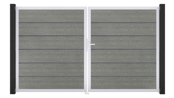 planeo Gardence Simply Premium - PVC-Tor - DIN Rechts 2-flügelig Grey Ash Cut mit Silber-Alurahmen | EV1 300 x 180 cm