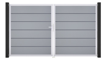 planeo Gardence Simply Premium - PVC-Tor - DIN Links 2-flügelig Silbergrau mit Silber-Alurahmen | EV1 300 x 180 cm