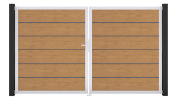 planeo Gardence Simply Premium - PVC-Tor - DIN Links 2-flügelig Asteiche Natur mit Silber-Alurahmen | EV1 300 x 180 cm