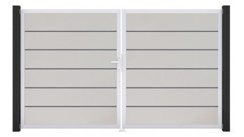 planeo Gardence Simply Premium - PVC-Tor - DIN Links 2-flügelig Weiss mit Silber-Alurahmen | EV1 300 x 180 cm