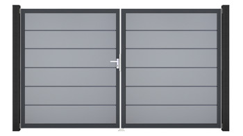 planeo Gardence Simply Premium - PVC-Tor - DIN Links 2-flügelig Silbergrau mit Anthrazit-Alurahmen | DB703 300 x 180 cm