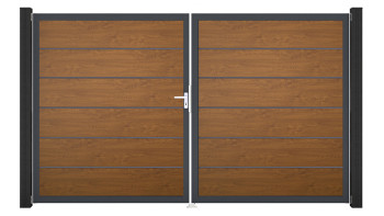 planeo Gardence Simply Premium - PVC-Tor - DIN Links 2-flügelig Golden Oak mit Anthrazit-Alurahmen | DB703 300 x 180 cm