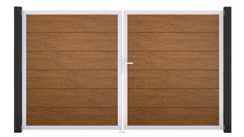 planeo Gardence Simply - PVC-Tor - DIN Rechts 2-flügelig Golden Oak mit Silber-Alurahmen 