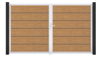 planeo Gardence Simply Premium - PVC-Tor - DIN Rechts 2-flügelig Asteiche Natur mit Silber-Alurahmen | EV1 300 x 180 cm