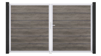 planeo Gardence Simply Premium - PVC-Tor - DIN Rechts 2-flügelig Monument Oak mit Silber-Alurahmen | EV1 300 x 180 cm