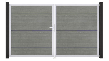planeo Gardence Simply Premium - PVC-Tor - DIN Links 2-flügelig Grey Ash Cut mit Silber-Alurahmen | EV1 300 x 180 cm