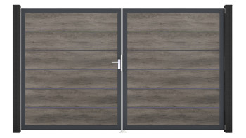 planeo Gardence Simply Premium - PVC-Tor - DIN Links 2-flügelig Monument Oak mit Anthrazit-Alurahmen | DB703 300 x 180 cm